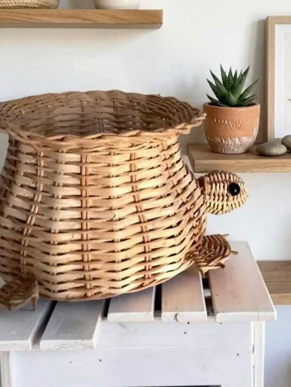 Vintage Wicker Turtle Basket with Black Bead Eyes, Mid-Century Handmade Rattan